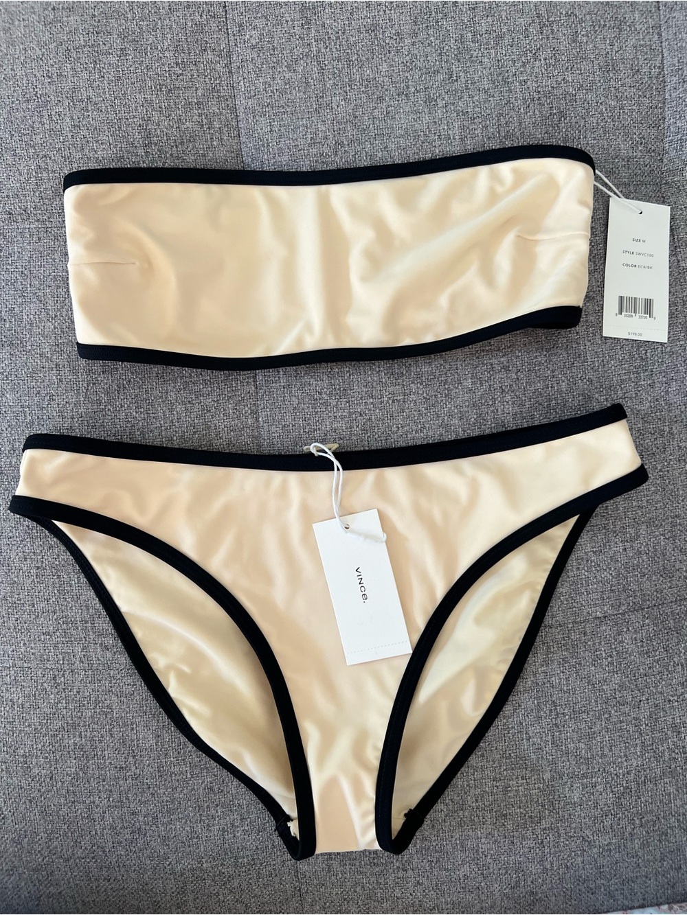 Vince Strapless Bandeau Bikini Set in Cream with Black Trim